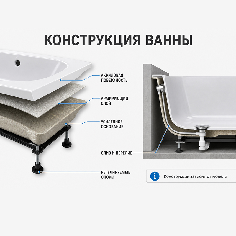 Акриловая ванна с усиленным основанием, сливом и переливом