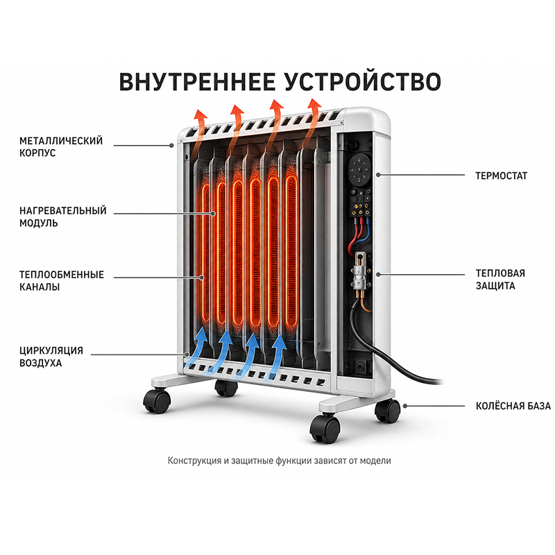 Мобильный электрический обогреватель с термостатом и колёсами