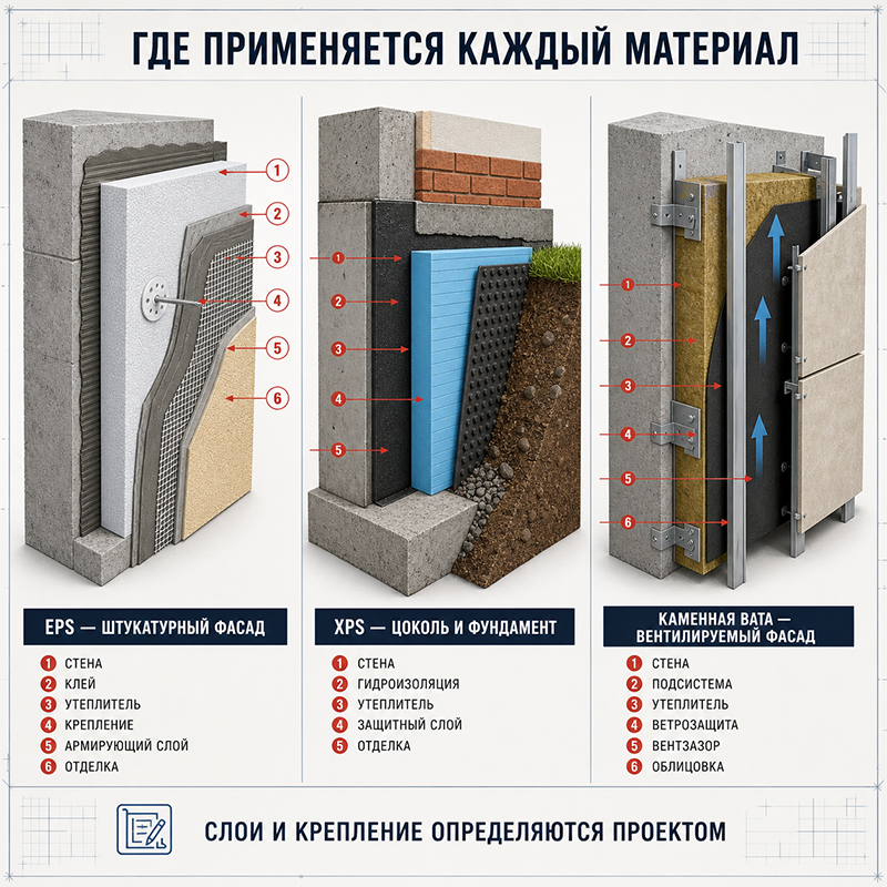 Теплоизоляционные плиты EPS, XPS и гидрофобизированная каменная вата для наружных стен