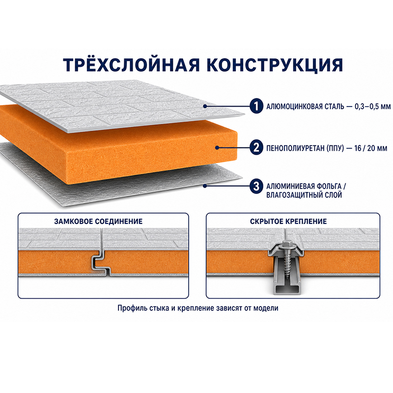 Фасадная металлическая термопанель с декоративным покрытием и утеплителем ППУ