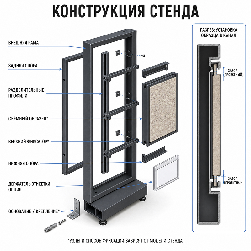 Металлический выставочный стенд для образцов фасадных декоративных панелей