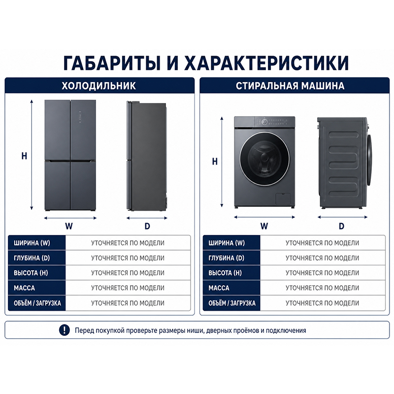 Комплект бытовой техники — четырёхдверный холодильник и стиральная машина с фронтальной загрузкой
