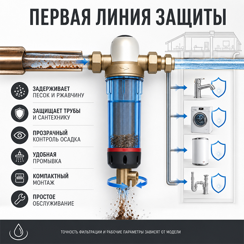 Магистральный промывной фильтр предварительной очистки воды с прозрачной колбой и латунными соединениями