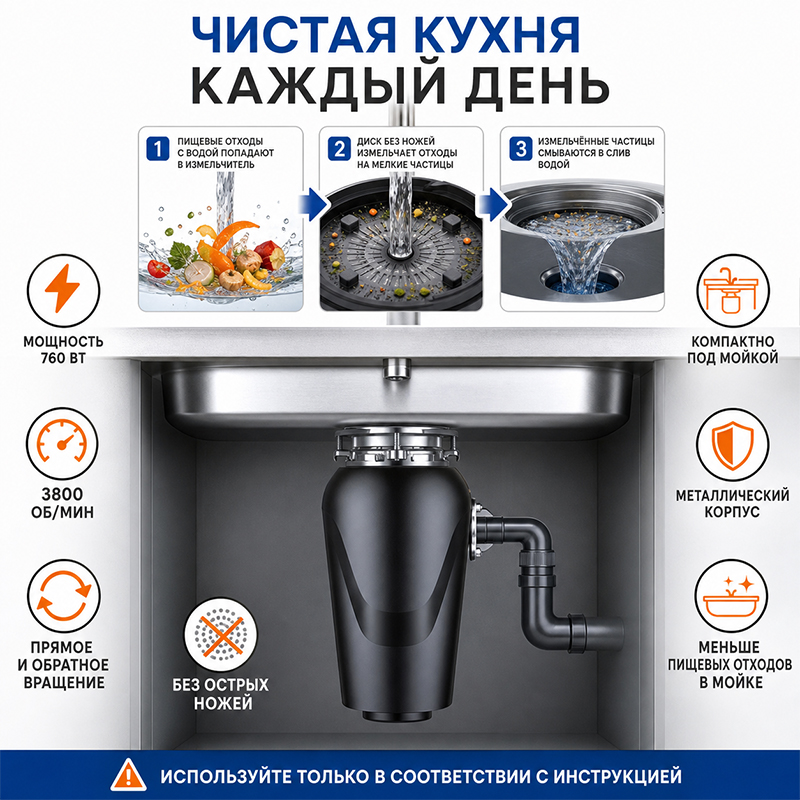 Название: Измельчитель пищевых отходов для кухонной мойки 760 Вт с реверсивным вращением