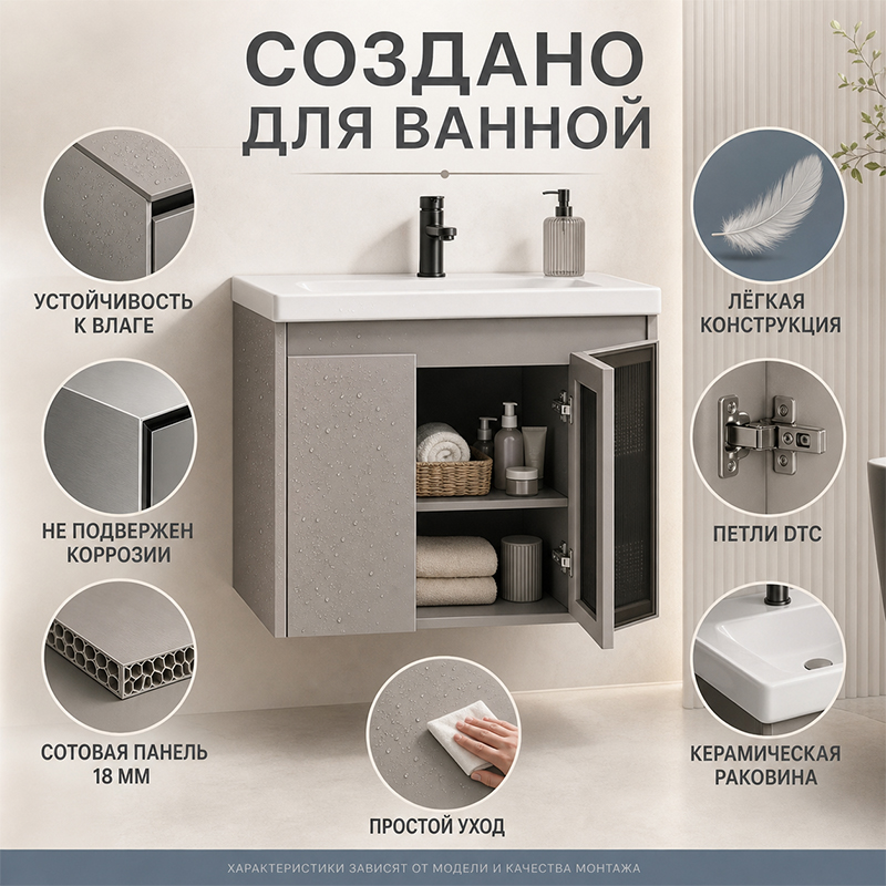 Подвесной комплект мебели для ванной из алюминиевой сотовой панели с керамической раковиной и зеркальным шкафом