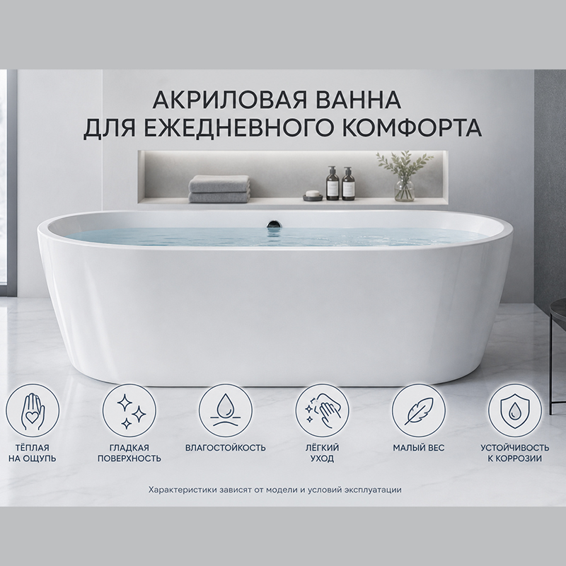 Акриловая ванна с усиленным основанием, сливом и переливом