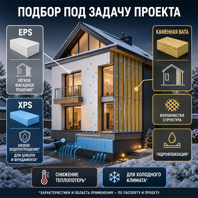 Теплоизоляционные плиты EPS, XPS и гидрофобизированная каменная вата для наружных стен