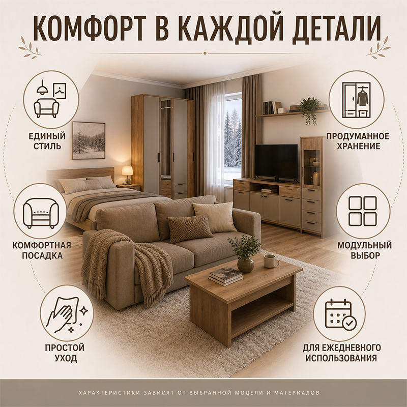 Мягкая и корпусная мебель для гостиной и спальни в едином стиле