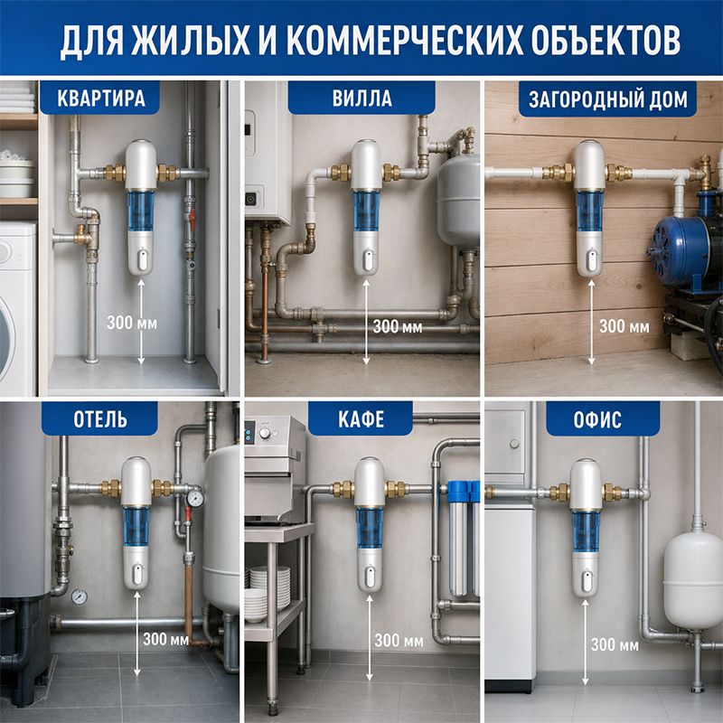 Магистральный промывной фильтр предварительной очистки воды с прозрачной колбой и латунными соединениями