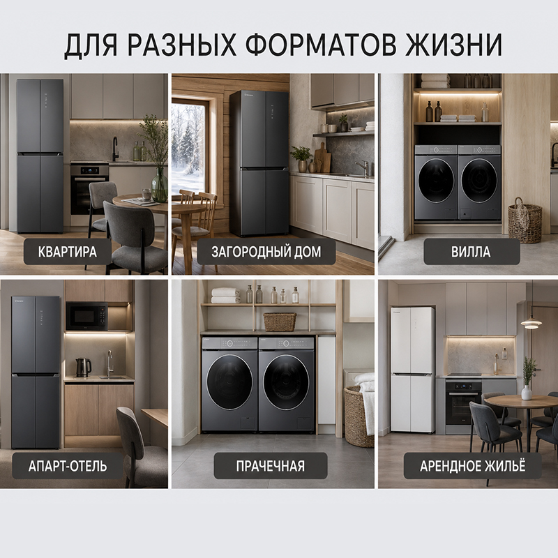 Комплект бытовой техники — четырёхдверный холодильник и стиральная машина с фронтальной загрузкой