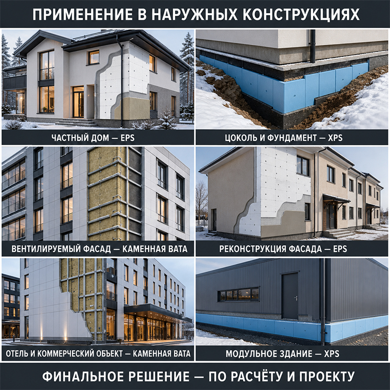 Теплоизоляционные плиты EPS, XPS и гидрофобизированная каменная вата для наружных стен