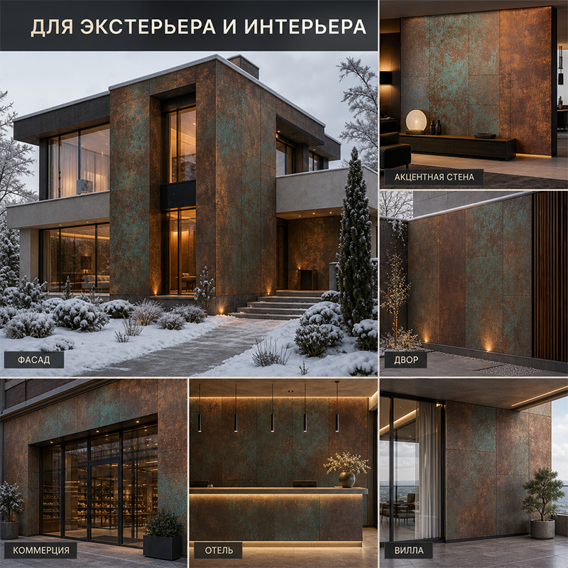 Декоративные панели с эффектом патинированного металла для фасада и интерьера