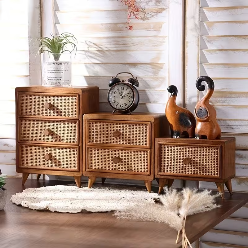 3-drawer solid wood storage cabinet with woven rattan front | desktop/office/bedside table storage for stationery, jewelry, cosmetics, and small items