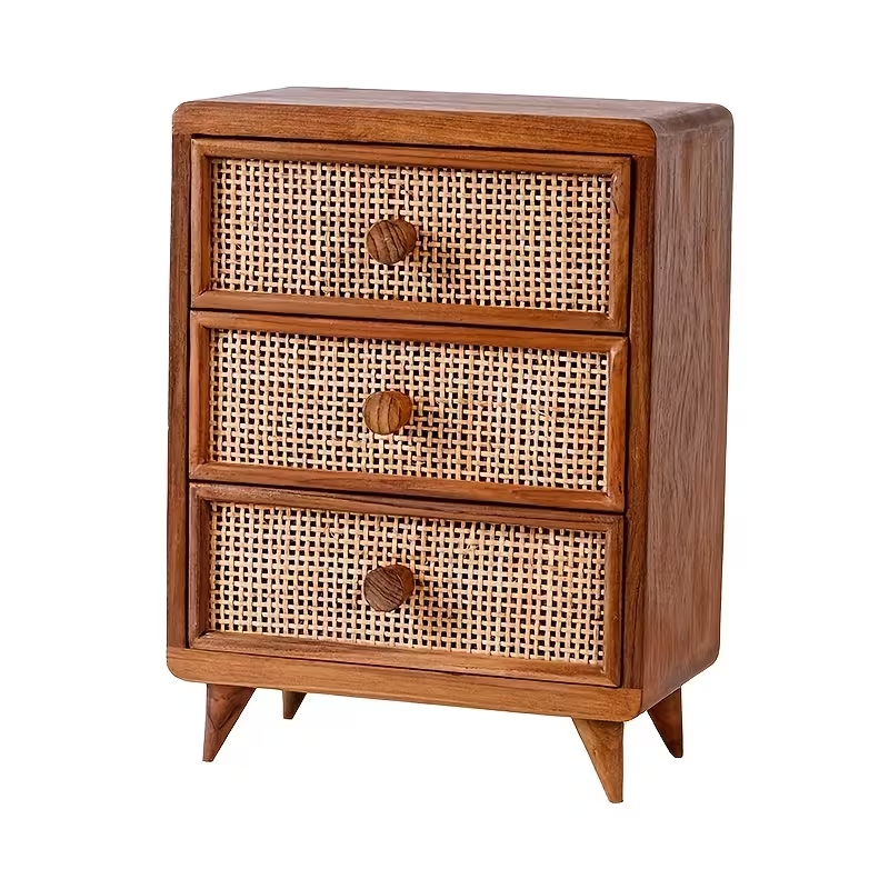 3-drawer solid wood storage cabinet with woven rattan front | desktop/office/bedside table storage for stationery, jewelry, cosmetics, and small items