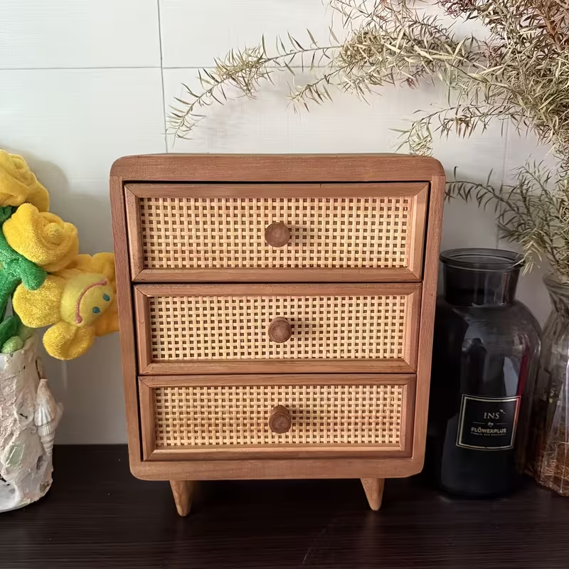 3-drawer solid wood storage cabinet with woven rattan front | desktop/office/bedside table storage for stationery, jewelry, cosmetics, and small items