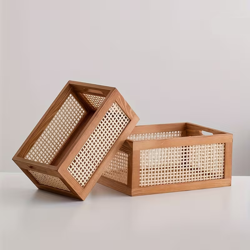 Ретро деревянная корзина для хранения, с смотровыми окнами – ручная вязаная прямоугольная стойка для приема на кухне, в ванной, гостиной и спальне – в стиле сельской природы