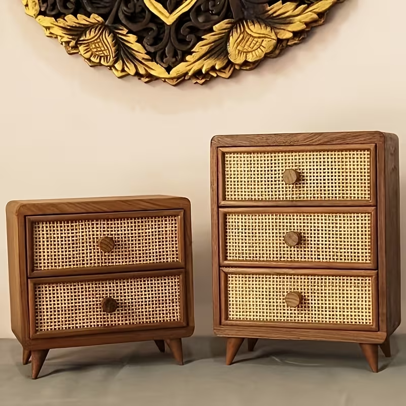 3-drawer solid wood storage cabinet with woven rattan front | desktop/office/bedside table storage for stationery, jewelry, cosmetics, and small items