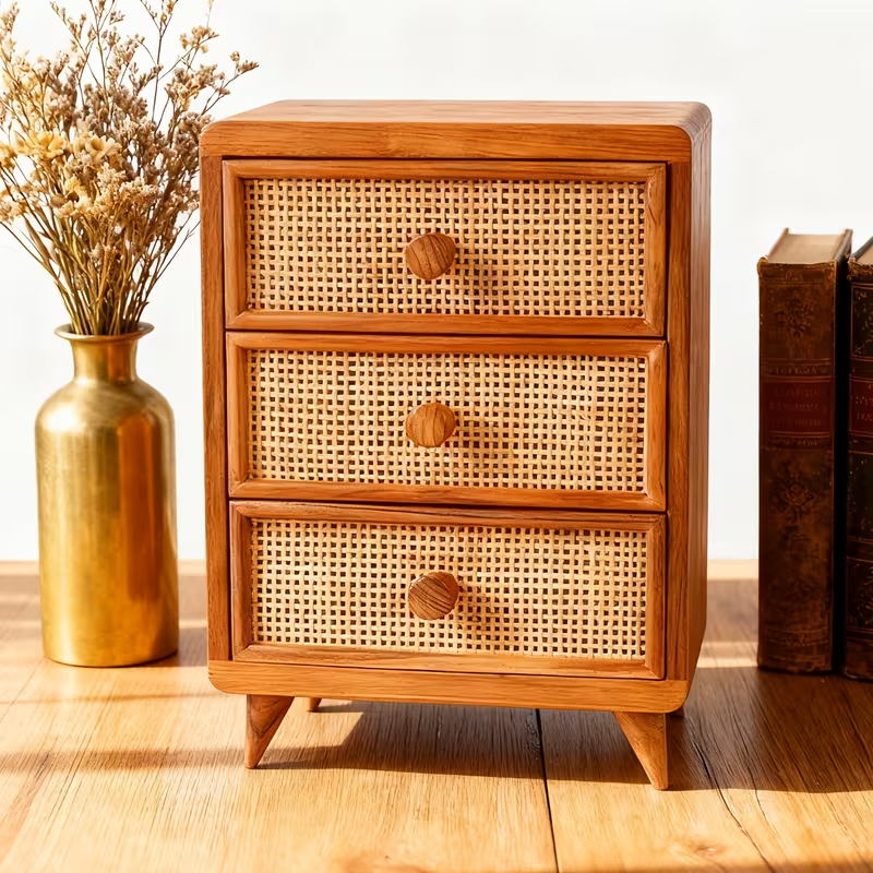 3-drawer solid wood storage cabinet with woven rattan front | desktop/office/bedside table storage for stationery, jewelry, cosmetics, and small items