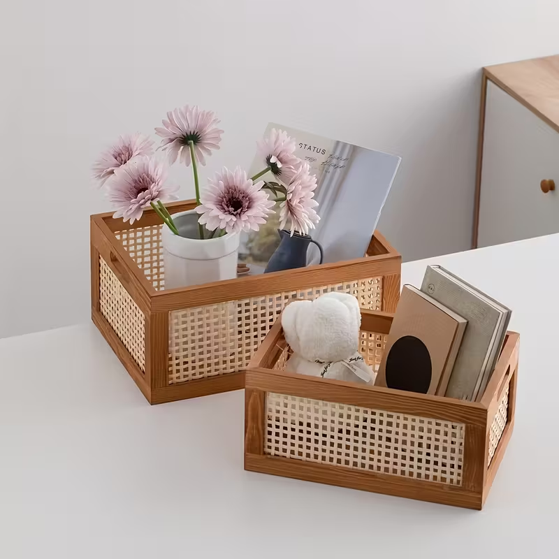 Ретро деревянная корзина для хранения, с смотровыми окнами – ручная вязаная прямоугольная стойка для приема на кухне, в ванной, гостиной и спальне – в стиле сельской природы