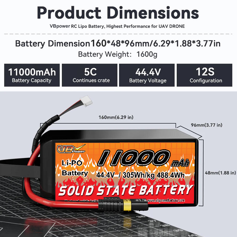 VBpower 11000 мА·ч 44,4 В 12S Высокоэнергетическая твердотельная аккумуляторная батарея для дронов, мультироторов, VTOL и картографирования