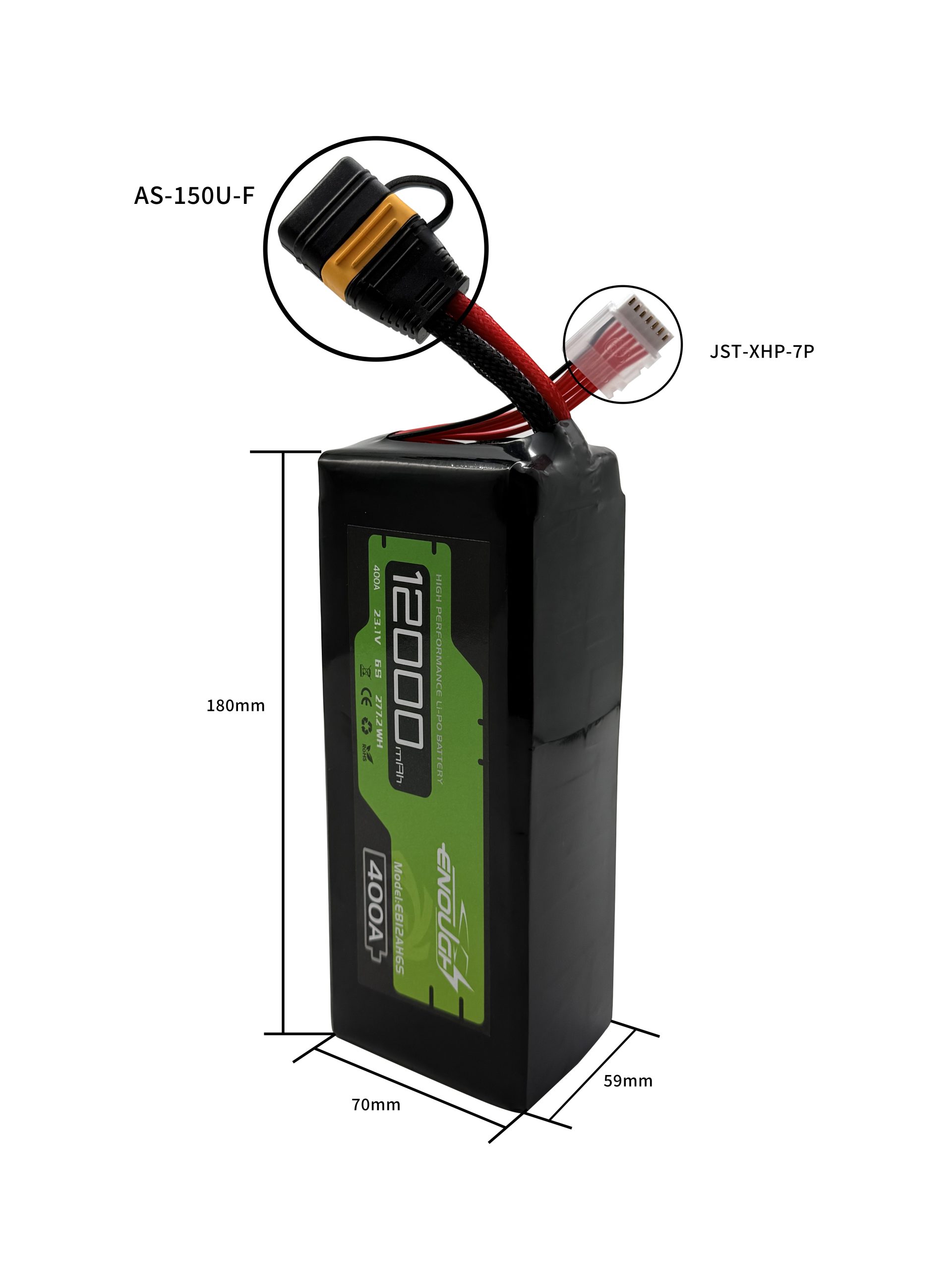 VBpower 12000 мАч 6S1P 23.1 В LiPo батарея с током 400 А для беспилотных летательных аппаратов (дронов), размер 59×70×180 мм.