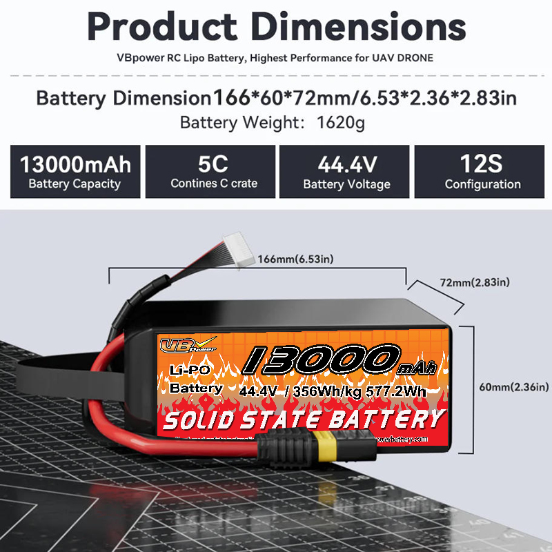 VBpower 13000 мА·ч 44,4 В 12S Высокоэнергетическая твердотельная аккумуляторная батарея для дронов, мультироторов, VTOL и картографирования