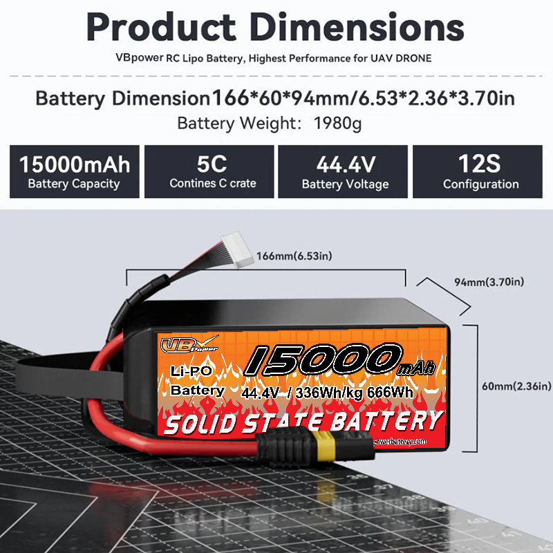 VBpower 15000 мА·ч 44,4 В 12S Высокоэнергетическая твердотельная аккумуляторная батарея для дронов, мультироторов, VTOL и картографирования