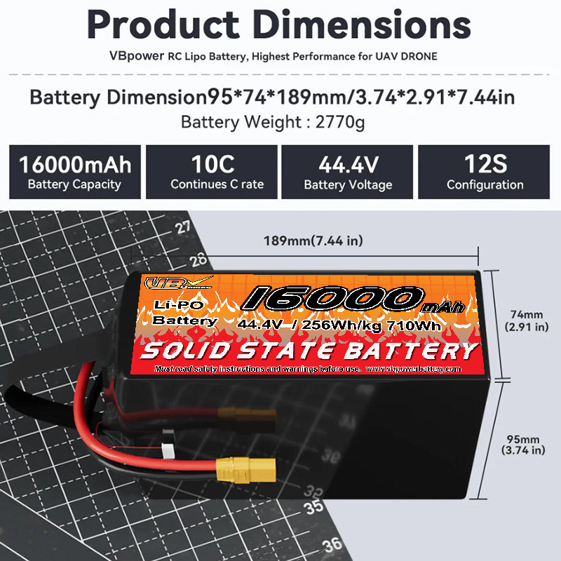 VBpower 16000 мА·ч 44,4 В 12S Высокоэнергетическая твердотельная аккумуляторная батарея для дронов, мультироторов, VTOL и картографирования