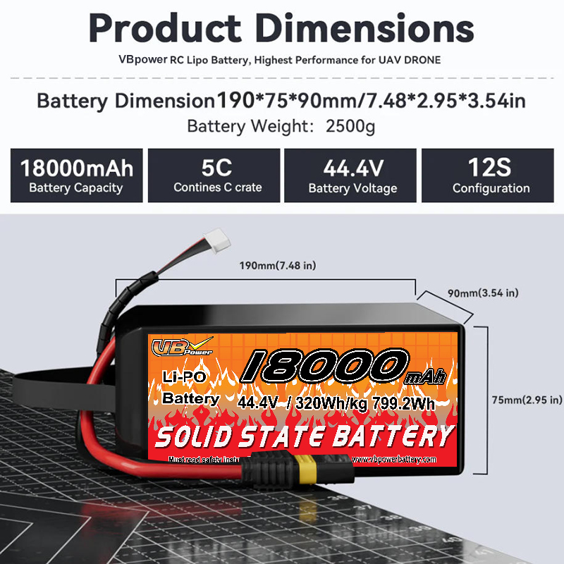 VBpower 18000 мА·ч 44,4 В 12S Высокоэнергетическая твердотельная аккумуляторная батарея для дронов, мультироторов, VTOL и картографирования