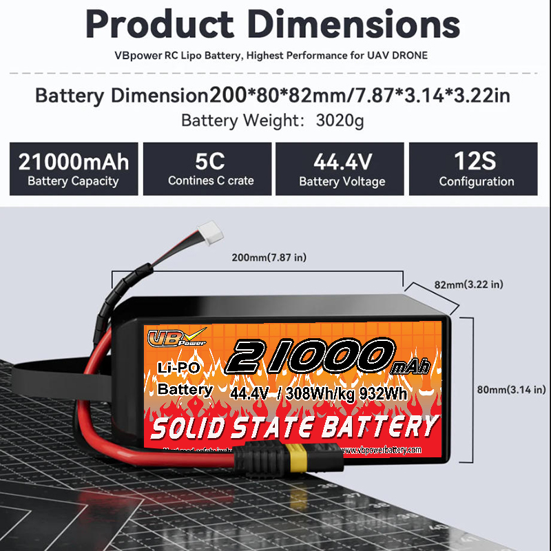 VBpower 21000 мА·ч 44,4 В 12S Высокоэнергетическая твердотельная аккумуляторная батарея для дронов, мультироторов, VTOL и картографирования