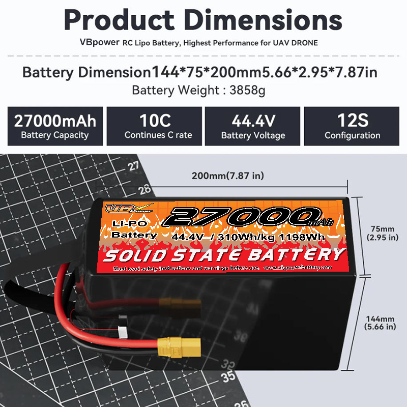 VBpower 27000 мА·ч 44,4 В 10C Высокоэнергетическая твердотельная аккумуляторная батарея для дронов, мультироторов, VTOL и картографирования