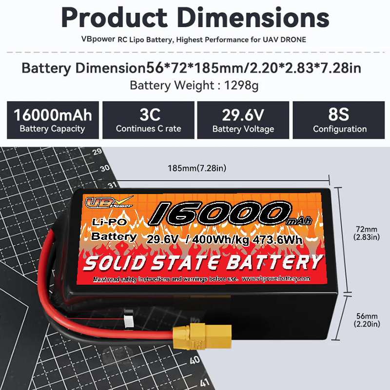 VBpower 16000мА·ч Высокоэнергетическая твердотельная батарея для дронов, мультироторных БПЛА и VTOL (вертикальный взлёт и посадка), картографирования