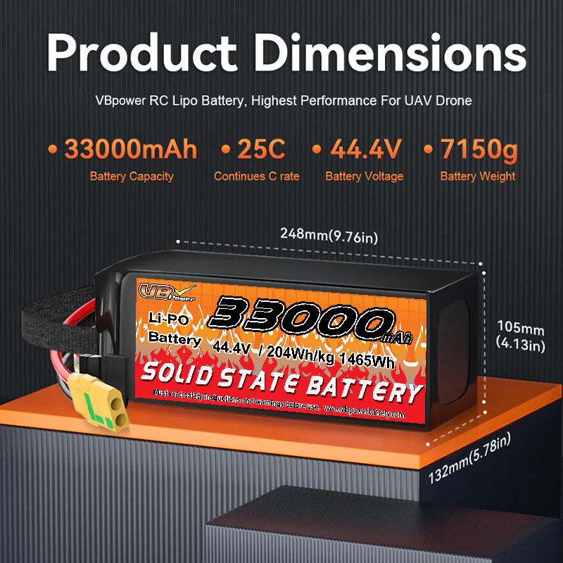 VBpower 33000мАч 44.4В 25C LiPo аккумулятор для сельскохозяйственных дронов