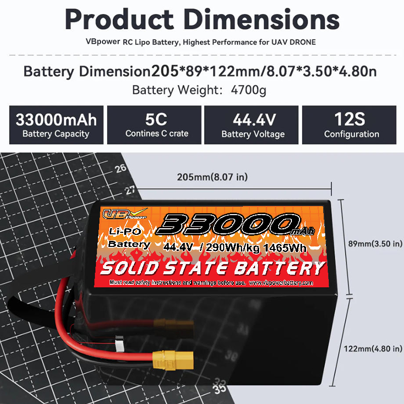 VBpower 33000мА·ч 44.4В 5C Высокоэнергетическая твердотельная аккумуляторная батарея для беспилотников, мультироторов, VTOL и картографирования