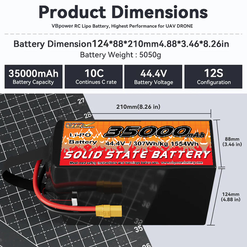 VBpower 35000 мА·ч 44,4 В 12S Высокоэнергетическая твердотельная аккумуляторная батарея для дронов, мультироторов, VTOL и картографирования