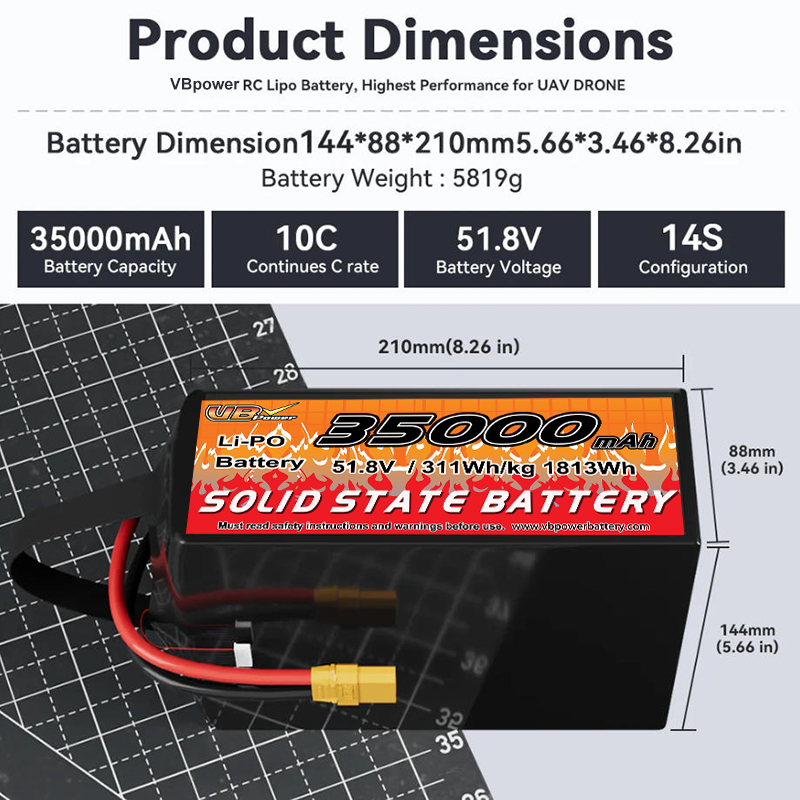 VBpower аккумуляторная твердотельная батарея 35000мА·ч 51,8В 14S повышенной энергоемкости для многороторных дронов, аппаратов ВВП и картографирования