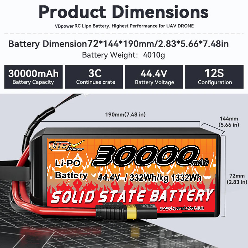 VBpower 44.4В 30000мА·ч 3C высокоэнергетическая твердотельная батарея для дронов, мультироторных VTOL-аппаратов и картографирования