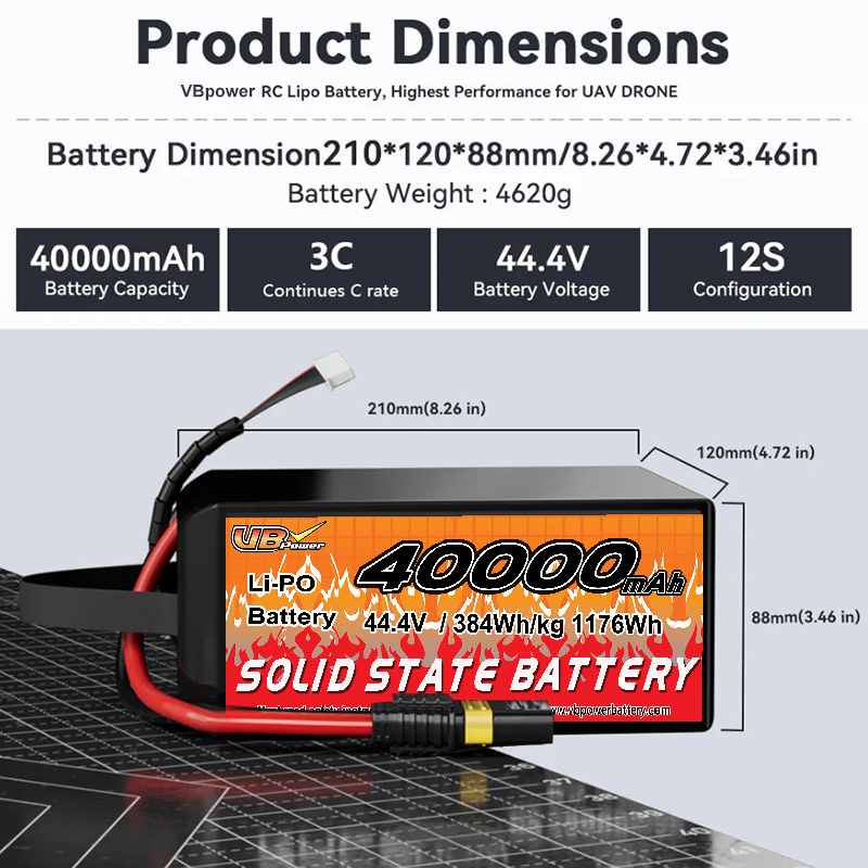 VBpower 40000 мА·ч 44,4 В 12S Высокоэнергетическая твердотельная аккумуляторная батарея для дронов, мультироторов, VTOL и картографирования