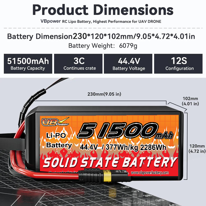VBpower 51500 мА·ч 44,4 В 12S Высокоэнергетическая твердотельная аккумуляторная батарея для дронов, мультироторов, VTOL и картографирования