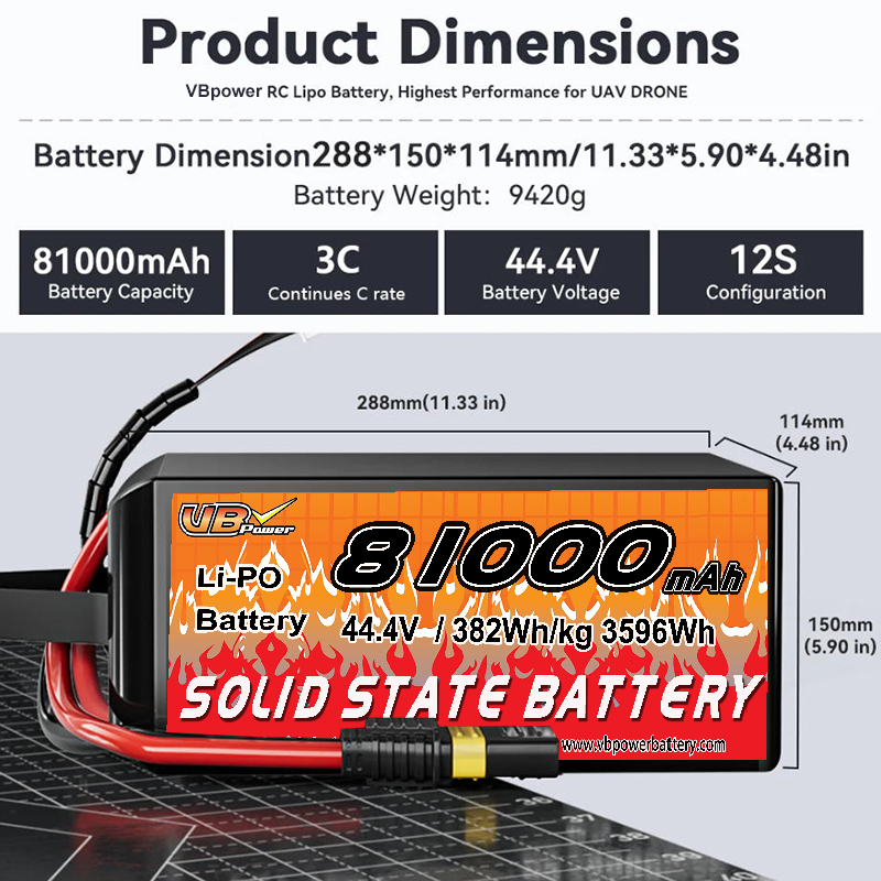 VBpower 44,4 В 81 А·ч Высокоэнергетическая твердотельная батарея для дронов, мультироторов и VTOL