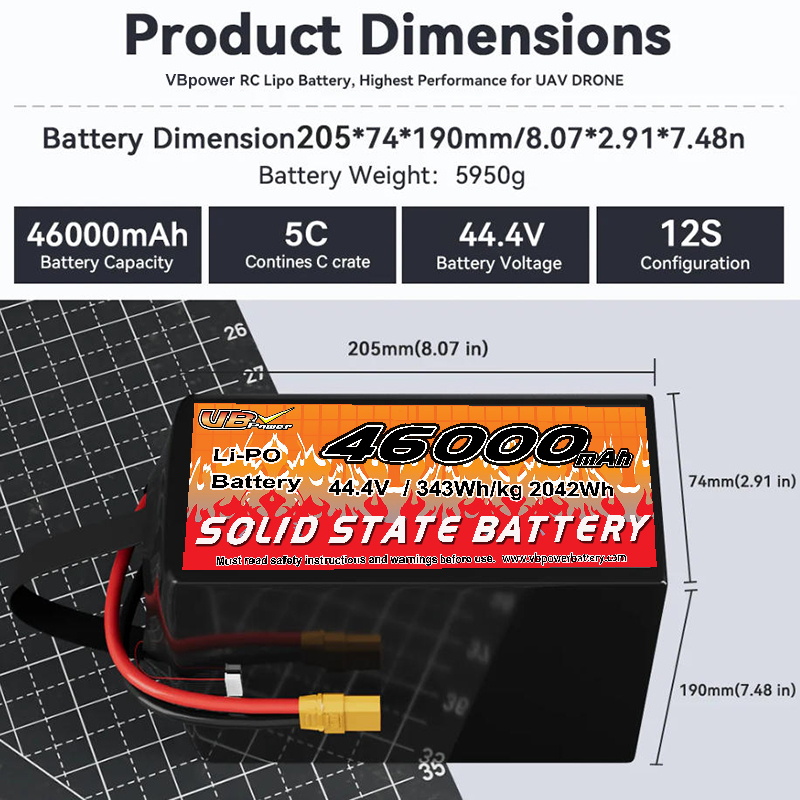 VBpower 46000 мА·ч 44,4 В 12S Высокоэнергетическая твердотельная аккумуляторная батарея для дронов, мультироторов, VTOL и картографирования