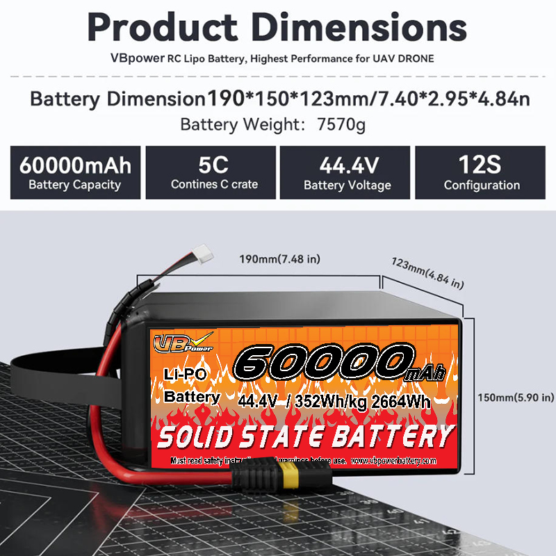 VBpower 60000 мА·ч 44,4 В 12S Высокоэнергетическая твердотельная аккумуляторная батарея для дронов, мультироторов, VTOL и картографирования