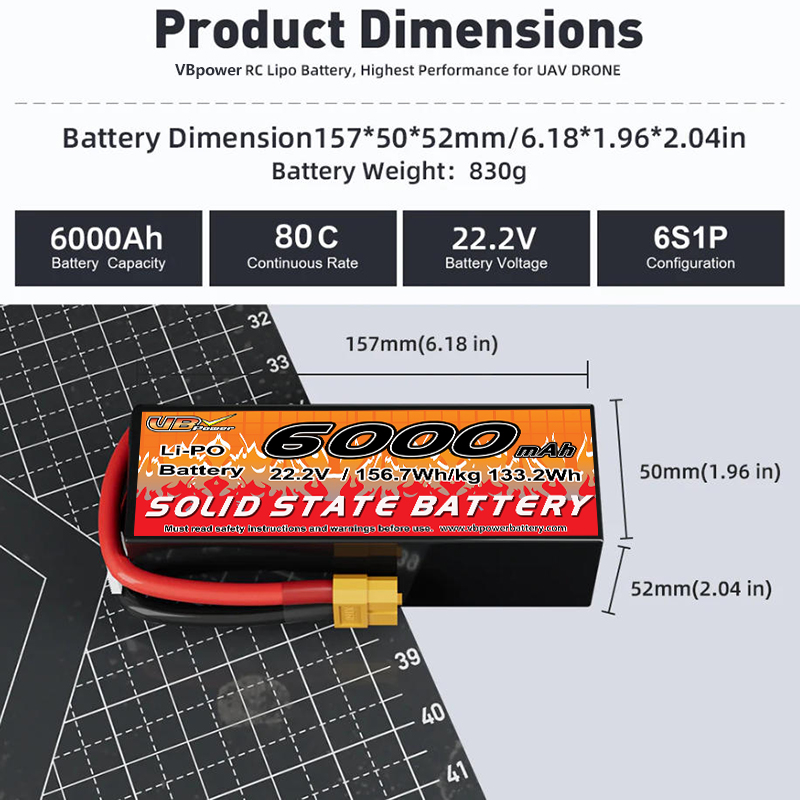 VBpower Аккумулятор LiPO 6000 мАч 22,2 В 6S 80C для FPV дрона