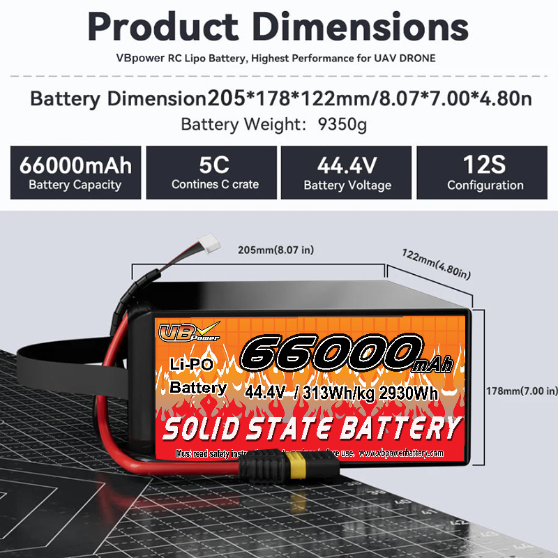 VBpower 66000 мА·ч 44,4 В 12S Высокоэнергетическая твердотельная аккумуляторная батарея для дронов, мультироторов, VTOL и картографирования