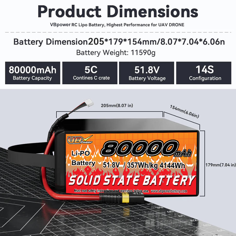 VBpower Твердотельный аккумулятор высокой плотности энергии 80000 мА·ч, 51,8 В, для многороторных беспилотников ВПВ и аэросъемки