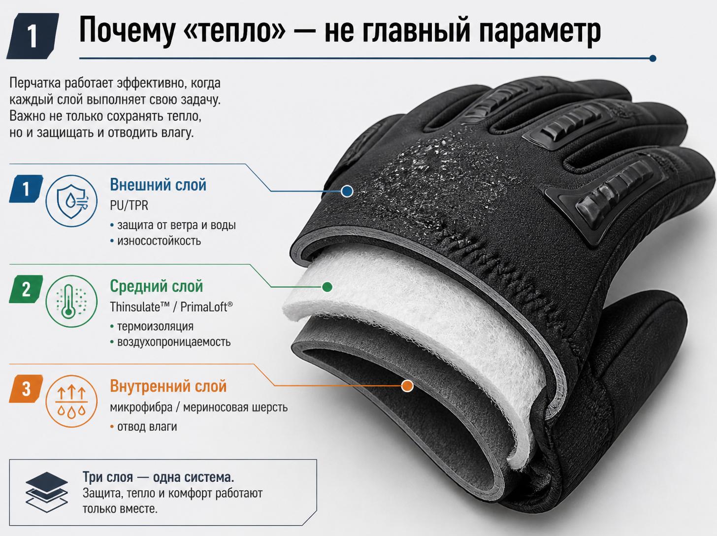 Что показать: Схематичный разрез перчатки в 3 слоя с подписями.
Внешний слой → PU/TPR, ветро- и влагозащита, износостойкость
Средний слой → Thinsulate™ / PrimaLoft®, термоизоляция, паропроницаемость
Внутренний слой → микрофибра / шерсть мериноса, отвод влаги