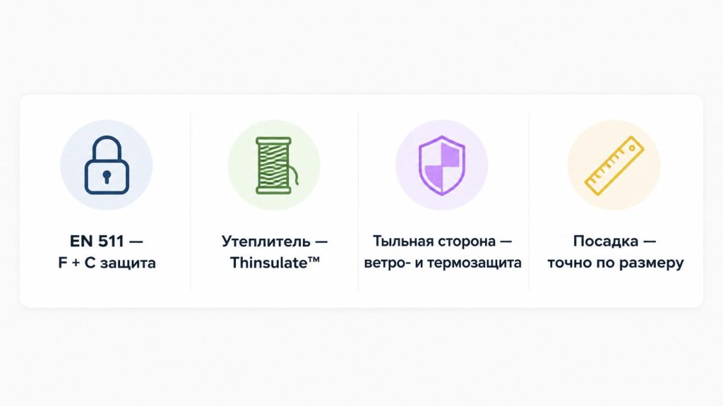 🔒 EN 511 — F + C защита
🧵 Утеплитель — Thinsulate™
🛡️ Тыльная сторона — ветро- и термозащита
📏 Посадка — точно по размеру