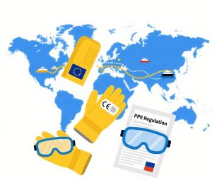 Professional PPE products (safety gloves, goggles) with CE certification labels, EU star symbols, fl...