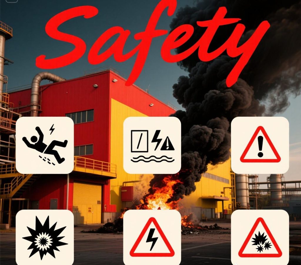 jimeng-2025-05-09-244-Safety poster, industrial scene with 10 hazard icons_ falling worker, electric...