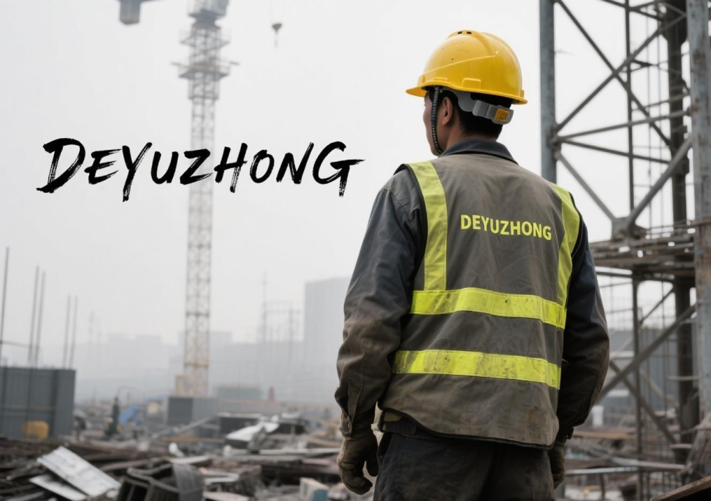 jimeng-2025-08-19-4744-一名穿着反光背心的建筑工人（反光衣背后logo_DEYUZHONG)，佩戴（黄色...
